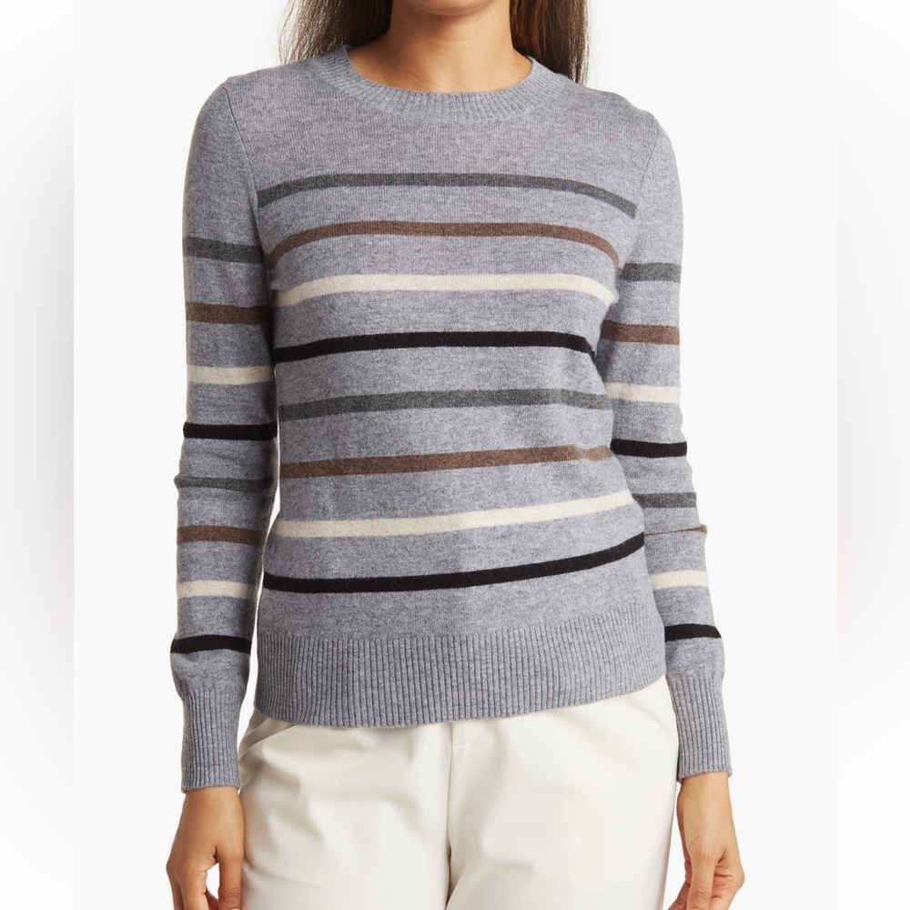 Griffin gray crewneck sweater with brown oatmeal and black stripes wool cashmere